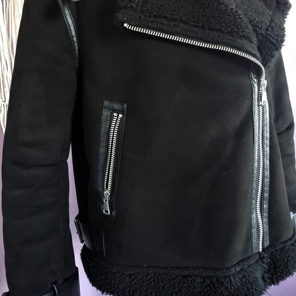 Zara Black Faux Suede Sherpa Lined Oversized Buckle Aviator Bomber Jacket Coat - Picture 3 of 14